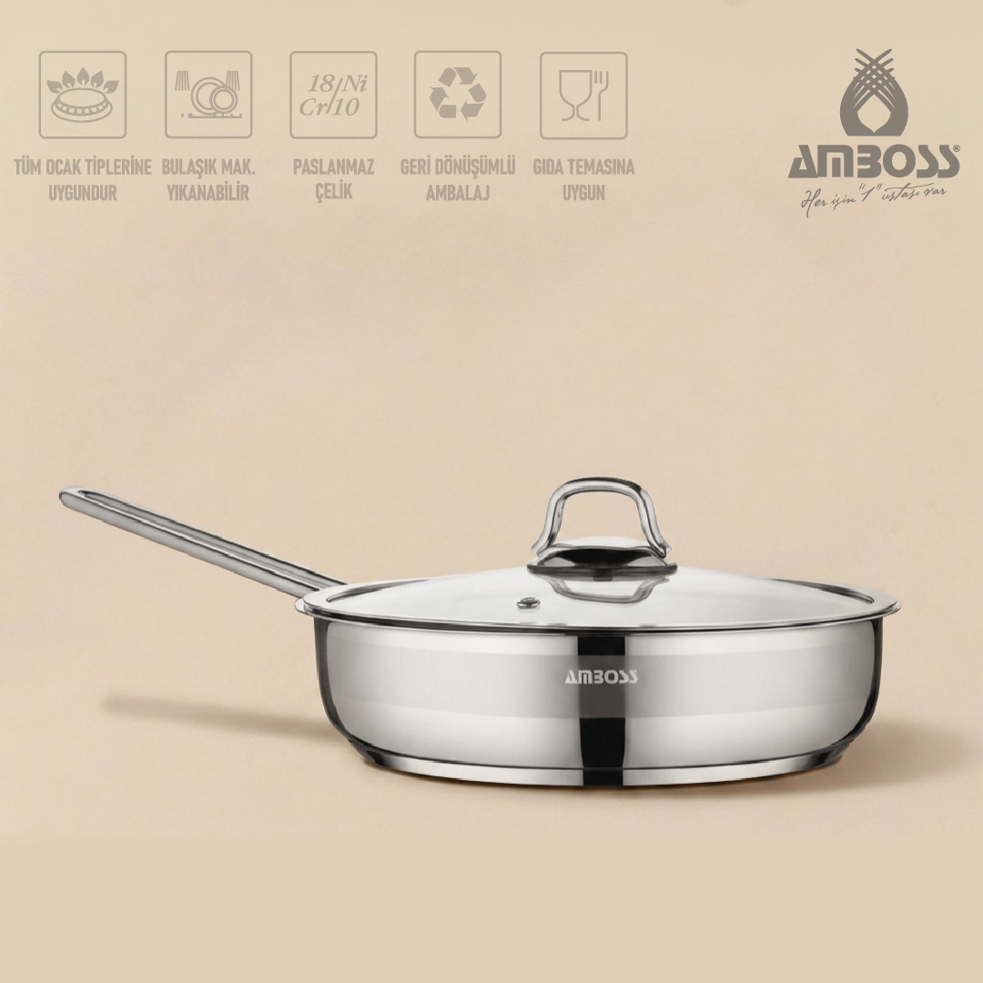 Amboss Saphire Paslanmaz Çelik Kapaklı Tava 28x8 cm