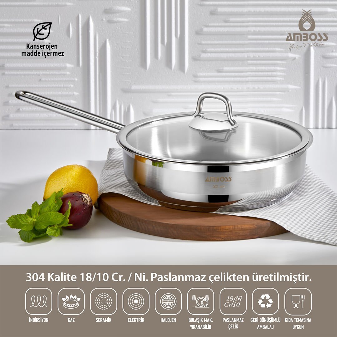 Amboss Saphire Paslanmaz Çelik Kapaklı Tava 28x8 cm