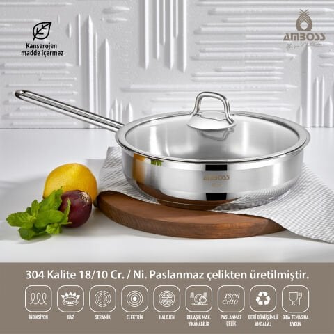 Amboss Saphire Paslanmaz Çelik Kapaklı Tava 28x8 cm