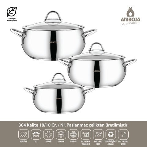 Amboss Stone 6 Parça Paslanmaz Çelik Derin Tencere Seti