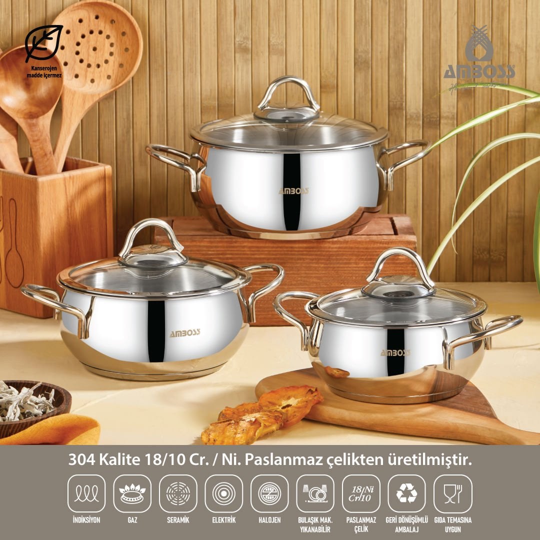 Amboss Stone 6 Parça Paslanmaz Çelik Derin Tencere Seti