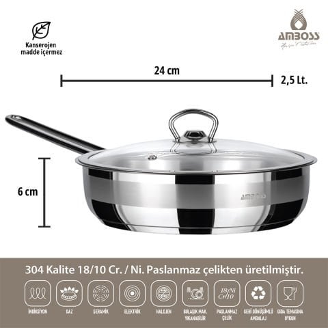 Saphire İndüksiyon Uyumlu Cam Kapaklı Paslanmaz Çelik Tava - 24 cm