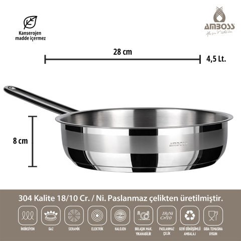 Saphire İndüksiyon Tabanlı Paslanmaz Çelik Tava - 28 cm
