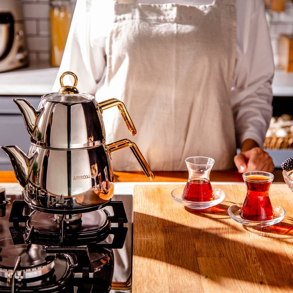 Amboss Aquamarine Paslanmaz Çelik Orta Boy Gold Kulplu Çaydanlık