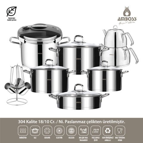 Amboss Diamond Paslanmaz Çelik Kulplu 18 Parça Çeyiz Seti-Tencere