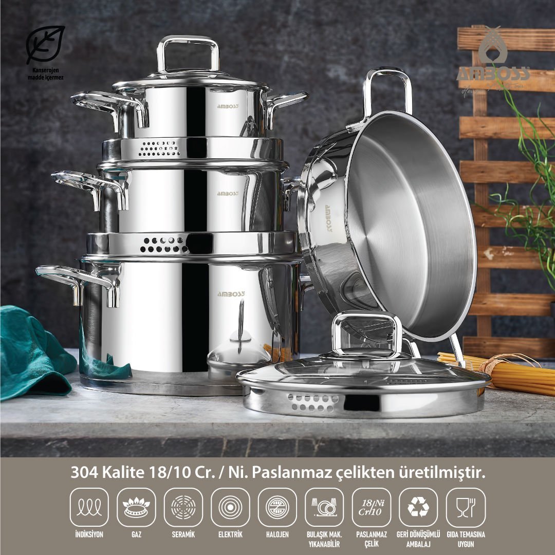 Amboss Diamond Strainer 8 Parça Süzgeçli Cam Kapaklı Çelik Tencere Seti