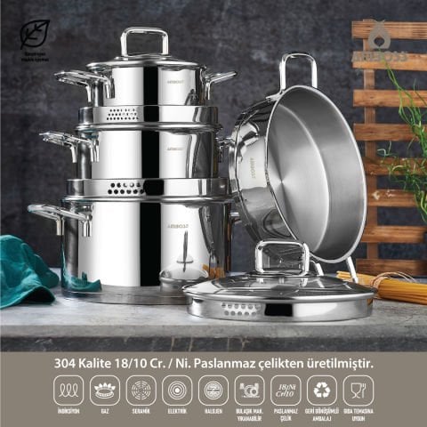 Amboss Diamond Strainer Paslanmaz Çelik Çelik Kuplu Tencere Seti 8 Parça Cam Kapaklı