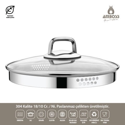 Amboss Diamond Strainer Paslanmaz Çelik Çelik Kuplu Tencere Seti 8 Parça Cam Kapaklı