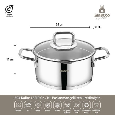 Amboss Diamond Strainer 8 Parça Süzgeçli Cam Kapaklı Çelik Tencere Seti