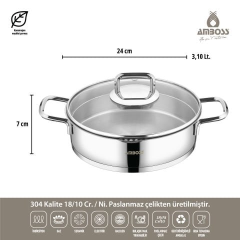 Amboss Diamond Strainer 8 Parça Süzgeçli Cam Kapaklı Çelik Tencere Seti