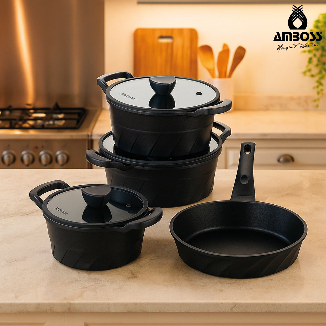 Amboss Kuvars Döküm Titanyum Kaplama 7 Parça Tencere Seti - Siyah
