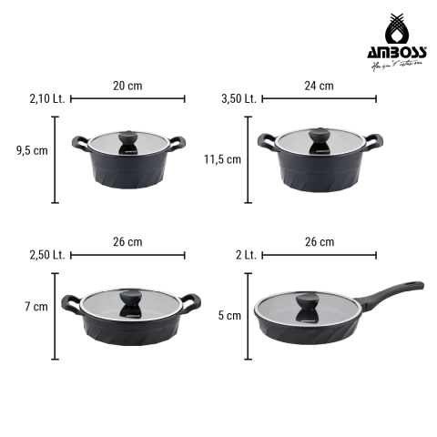 Amboss Kuvars 8 Parça Döküm Tencere Tava Sahan Seti