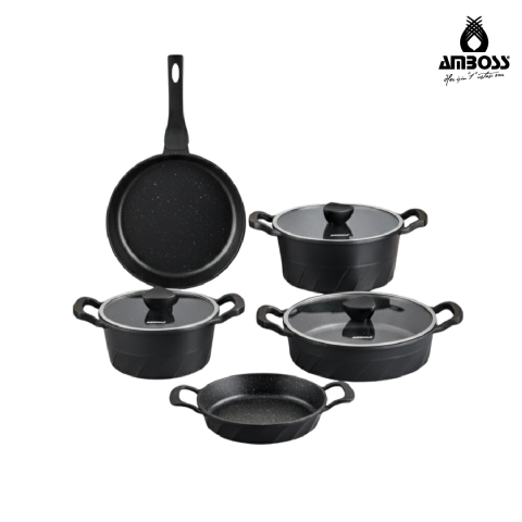 Amboss Kuvars 8 Parça Döküm Tencere Tava Sahan Seti