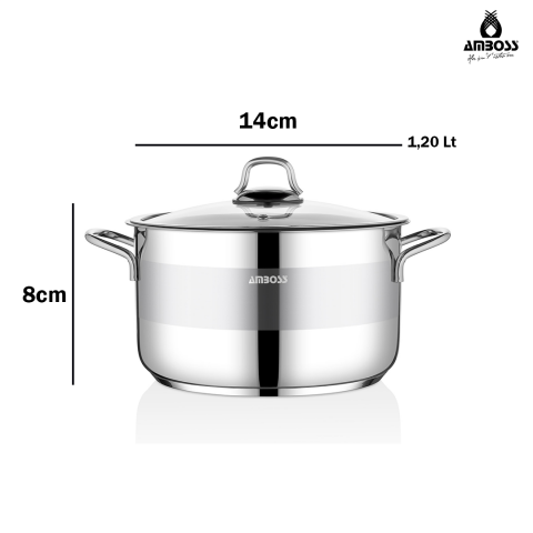 Amboss Saphire Paslanmaz Çelik 14 cm Cam Kapaklı Derin Tencere
