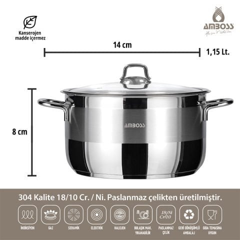 Amboss Saphire Paslanmaz Çelik Derin Tencere Cam Kapaklı - 14 cm