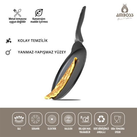 Amboss Mocca 26 cm Yanmaz yapışmaz Titanyum Kaplama Krep Tavası - Siyah