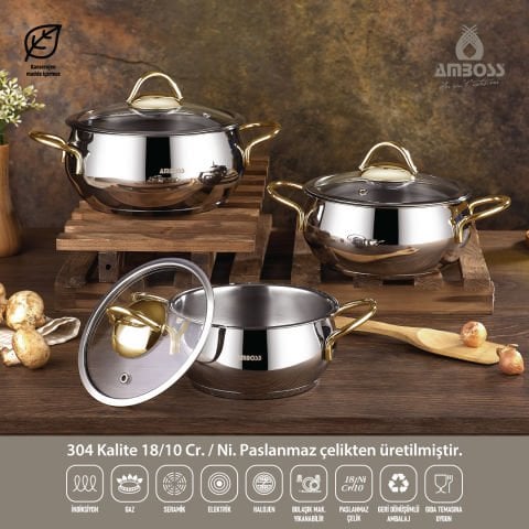 Amboss Stone 6 Parça Gold Kulp Mini Paslanmaz Çelik Derin Tencere Seti