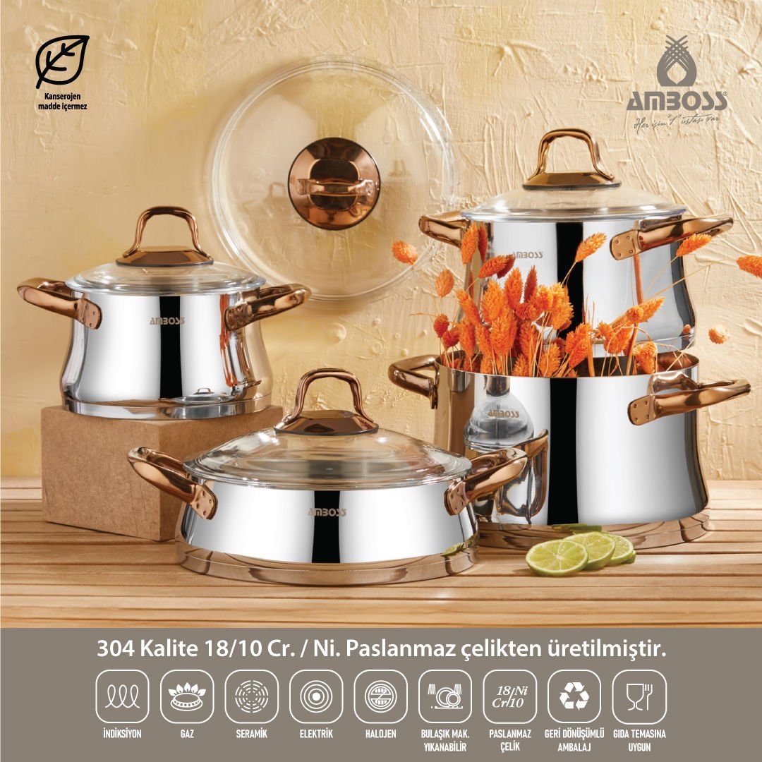 Amboss Diamond 8 Parça Paslanmaz Çelik Cam Kapaklı Tencere Seti