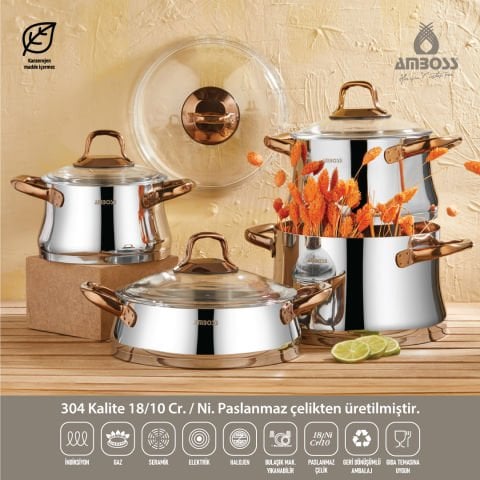 Amboss Diamond 8 Parça Paslanmaz Çelik Cam Kapaklı Tencere Seti