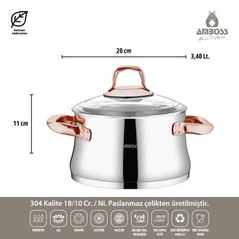 Amboss Diamond 8 Parça Paslanmaz Çelik Cam Kapaklı Tencere Seti