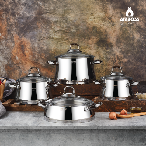 Amboss Oregon 8 Parça Cam Kapaklı, Paslanmaz Çelik Kulplu Tencere Seti