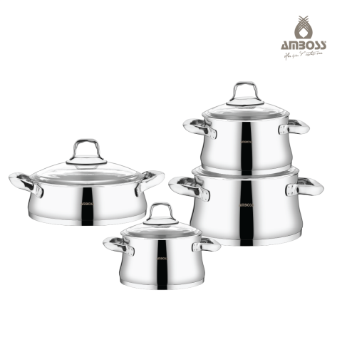 Amboss Oregon 8 Parça Cam Kapaklı, Paslanmaz Çelik Kulplu Tencere Seti