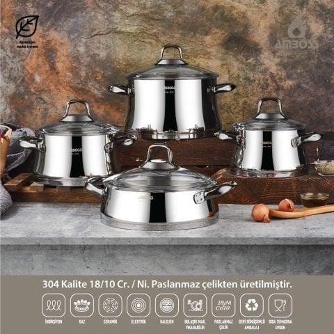 Amboss Oregon 8 Parça Cam Kapaklı, Paslanmaz Çelik Kulplu Tencere Seti