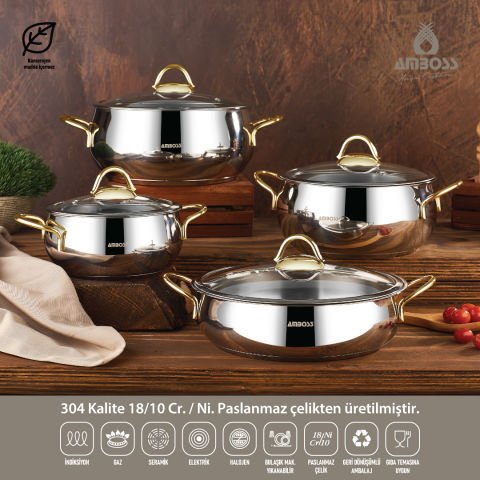 Amboss Stone 8 Parça Paslanmaz Çelik Gold Tencere Seti Cam Kapaklı