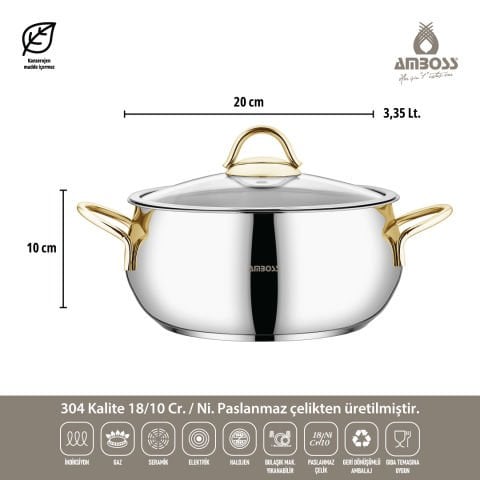 Amboss Stone 8 Parça Paslanmaz Çelik Gold Tencere Seti Cam Kapaklı