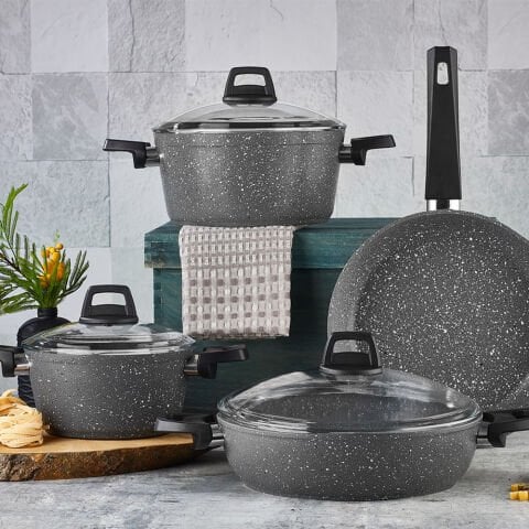 7 Parça Gri Kalsedon Cam Kapaklı Granit Tencere Seti