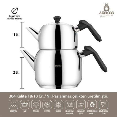 Amboss Opal İndüksiyon Tabanlı Paslanmaz Çelik Orta Boy  Çaydanlık - Siyah
