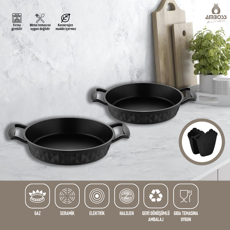 Amboss Kuvars Döküm 20 - 22 Cm Titanyum Kaplama 2'li Sahan (OMLET) Seti Siyah