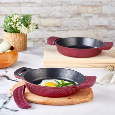 Amboss Kuvars  2 Parça Yanmaz Yapışmaz Titanyum Kaplama Bordo Döküm Sahan (Omlet) Seti