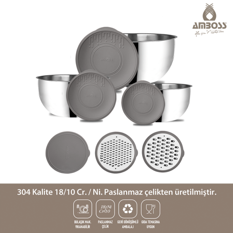 Amboss Satin 9 Parça Çok Amaçlı Paslanmaz Çelik Kase ve Rende Seti Gri