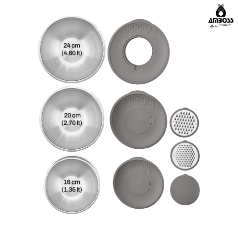 Amboss Satin 9 Parça Çok Amaçlı Paslanmaz Çelik Kase ve Rende Seti Gri