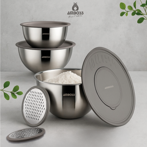 Amboss Satin 9 Parça Çok Amaçlı Paslanmaz Çelik Kase ve Rende Seti Gri