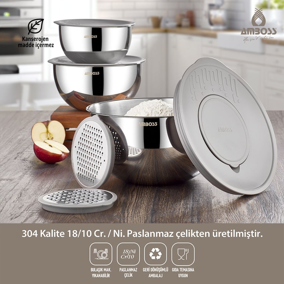 Amboss 9 Parça Gri Satin Çok Amaçlı Paslanmaz Çelik Kase ve Rende Seti