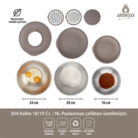 Amboss 9 Parça Gri Satin Çok Amaçlı Paslanmaz Çelik Kase ve Rende Seti
