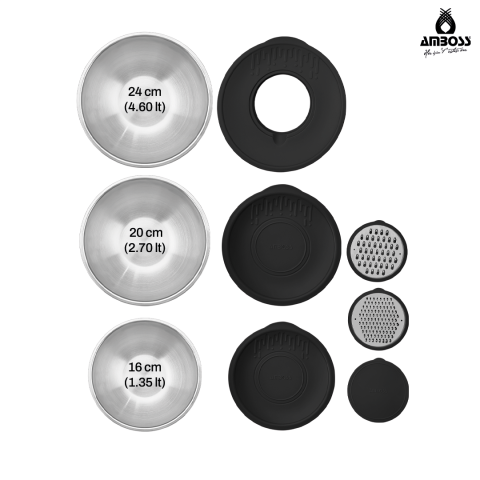 Amboss 9 Parça Satin Çok Amaçlı 18/10 Paslanmaz Çelik Kase ve Rende Seti