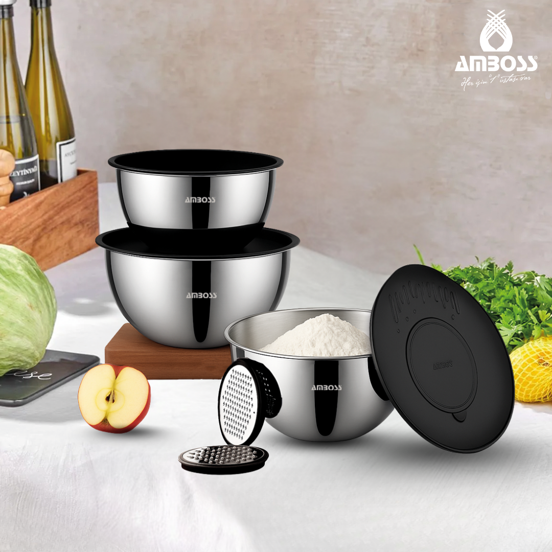 Amboss 9 Parça Satin Çok Amaçlı 18/10 Paslanmaz Çelik Kase ve Rende Seti