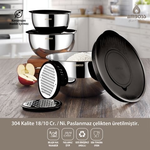 Amboss 9 Parça Satin Çok Amaçlı 18/10 Paslanmaz Çelik Kase ve Rende Seti