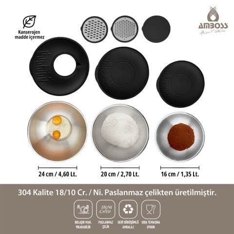 Amboss 9 Parça Satin Çok Amaçlı 18/10 Paslanmaz Çelik Kase ve Rende Seti