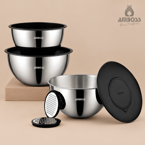 Amboss 9 Parça Satin Çok Amaçlı 18/10 Paslanmaz Çelik Kase ve Rende Seti