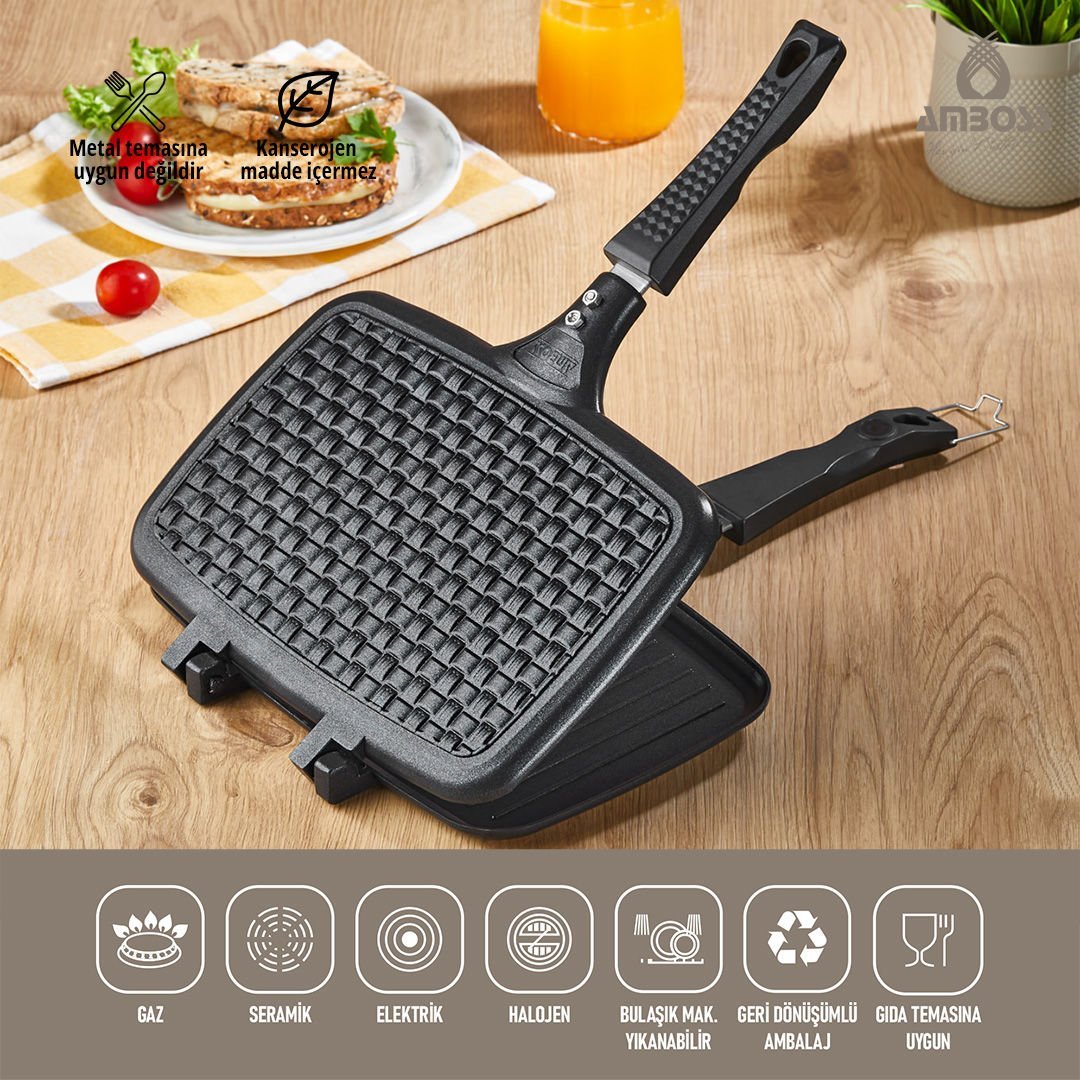 Amboss Kuvars Ocak Üstü Titanyum Kaplama Döküm Tost Tavası - Siyah