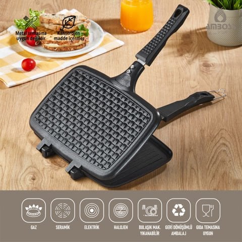 Amboss Kuvars Ocak Üstü Titanyum Kaplama Döküm Tost Tavası - Siyah