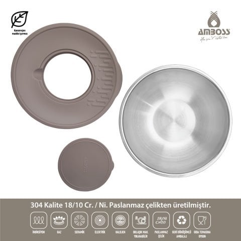 Amboss Satin Paslanmaz Çelik 3 Parça Çok Amaçlı Karıştırma Kase Seti Gri