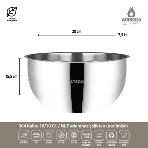 Amboss Satin Paslanmaz Çelik 3 Parça Çok Amaçlı Karıştırma Kase Seti Gri