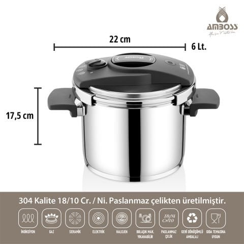 Amboss Enio Matik 22 cm 6 lt Paslanmaz Çelik Düdüklü Tencere