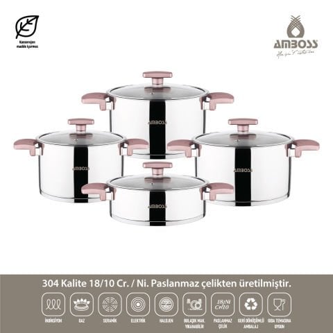 Amboss 8 Parça Enio Rose Gold Paslanmaz Çelik Isınmayan Bakalit Saplı Tencere Seti