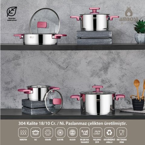 Amboss 8 Parça Enio Rose Gold Paslanmaz Çelik Isınmayan Bakalit Saplı Tencere Seti
